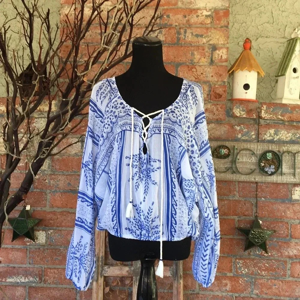 NEW Free People Blue/White print Boho blouse
